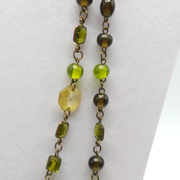 Green Brown Glass Bead Long Necklace With Bronze Chain And Lobster Clasp - Picture 4 of 6